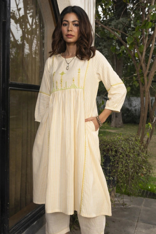 Rangsutra Suhani Cream Striped Cotton Kurta With Soof Hand Embroidery