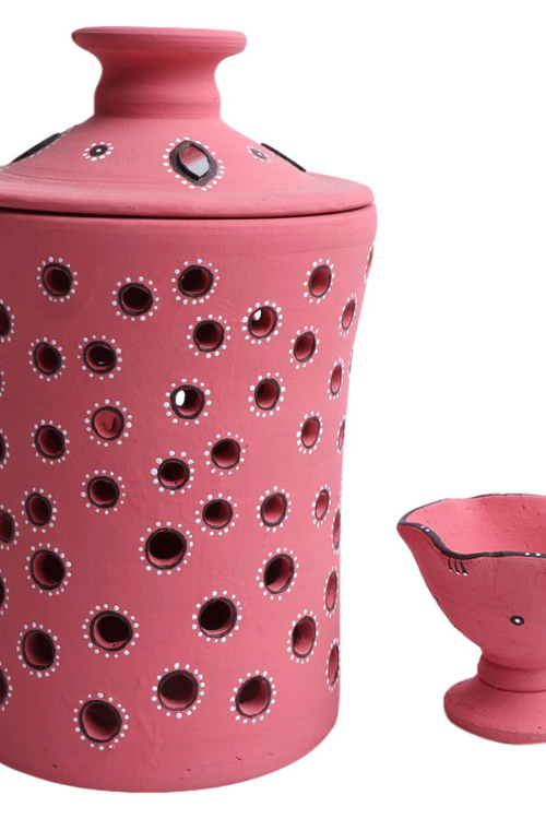 Antarang - Terracotta- Handpainted- Terracotta-Pink-Jar Diya