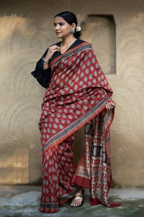 Classic Appeal. Bagru Hand Block Printed Mul Cotton Saree - Vibrant Flora