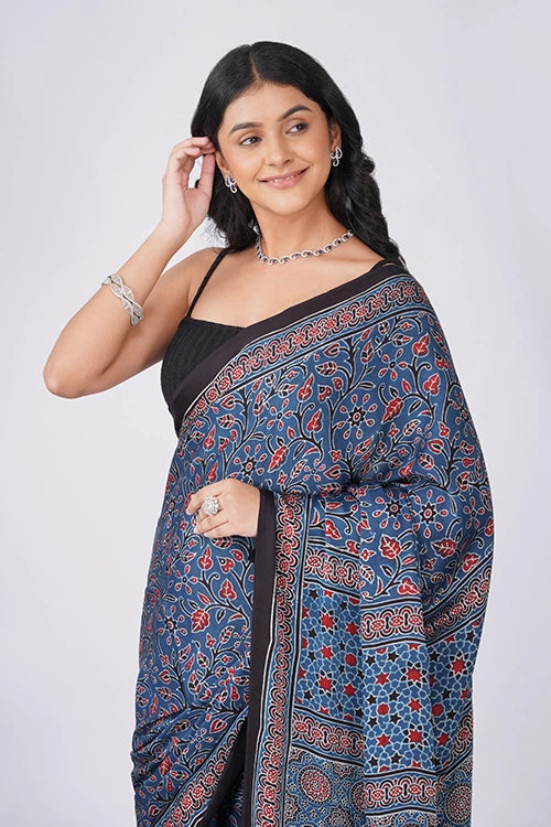 TENAARO Jaal Indigo Ajrakh Hand Block Printed Modal Silk Saree