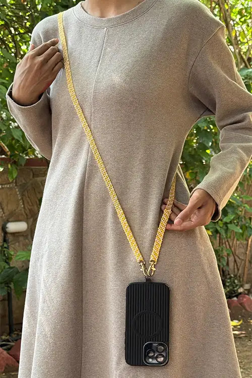 Antarang- Pink-Yellow- Multi Use Handcrafted Beaded Mobile String With Attachment- Phone, Clutch & Sling Strap