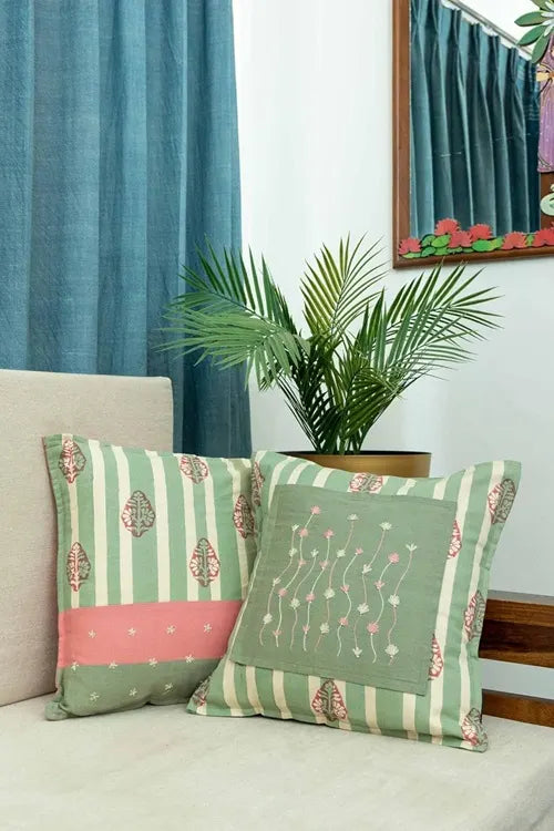 Craftroots Peach & Mint Daisy Handblock Printed Cushion Cover Set Of 2