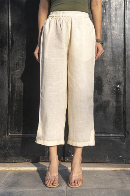 Rangsutra Suhani White Straight-Fit Cotton Pant With Kantha Hand Embroidery