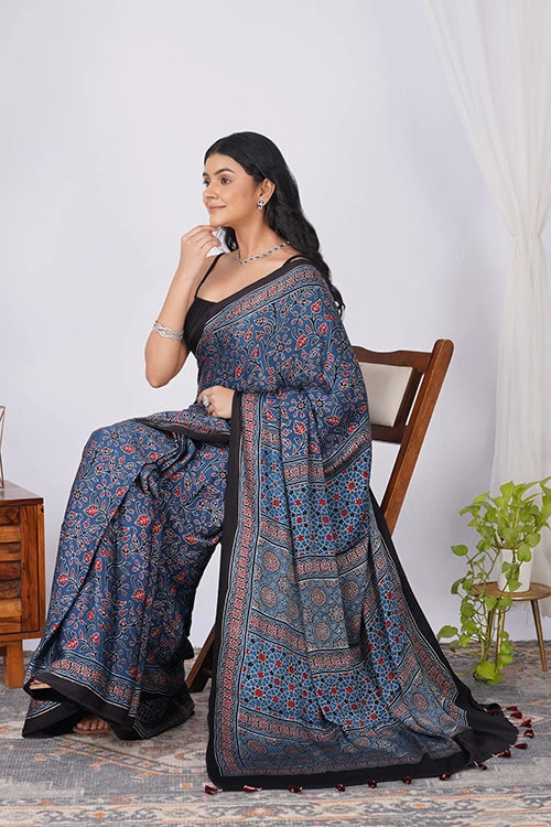 TENAARO Jaal Indigo Ajrakh Hand Block Printed Modal Silk Saree