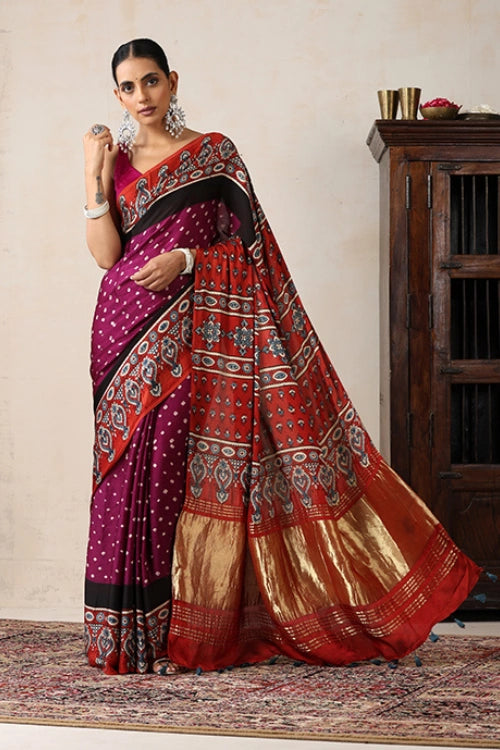 Jahangir Khatri - Red & Magenta Ajrakh & Bandhani Modal Tissue Pallu Saree