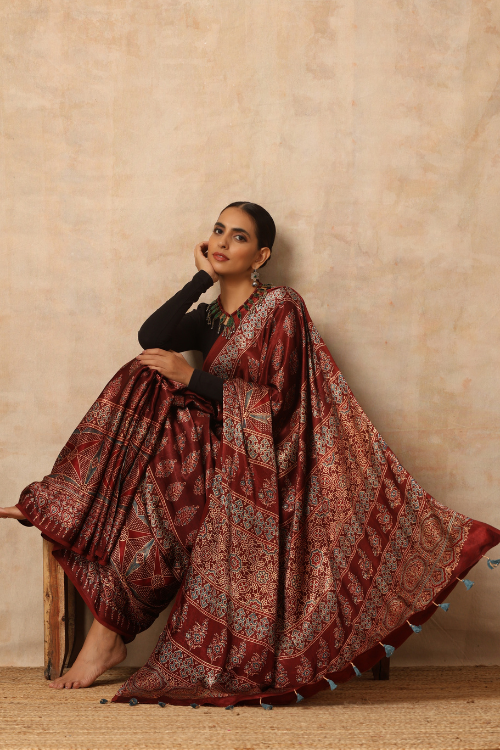 Tenaaro Ajrakh Hand Block Printed  Modal Sik Saree (Brown-19)