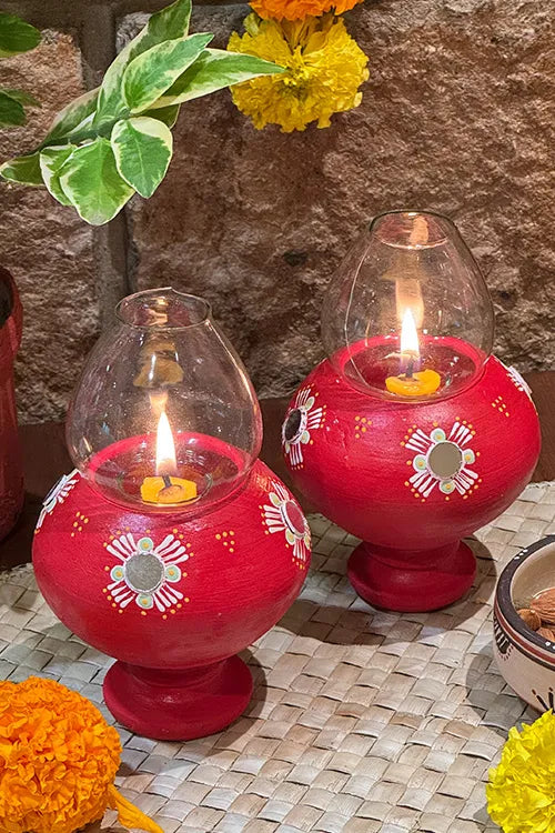 Antarang- Traditional Oil Lamps- Akhand Diyas- Red(Set Of 2)