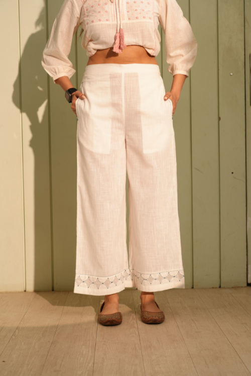Rangsutra Dhwani White Flared Cotton Pant With Applique