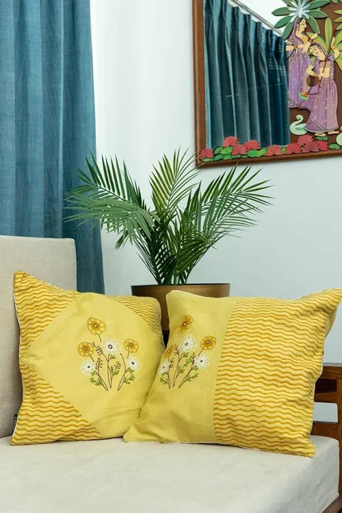 Craftroots  Yellow Aari Hand-Embroidered Floral Cushion Cover Set Of 2