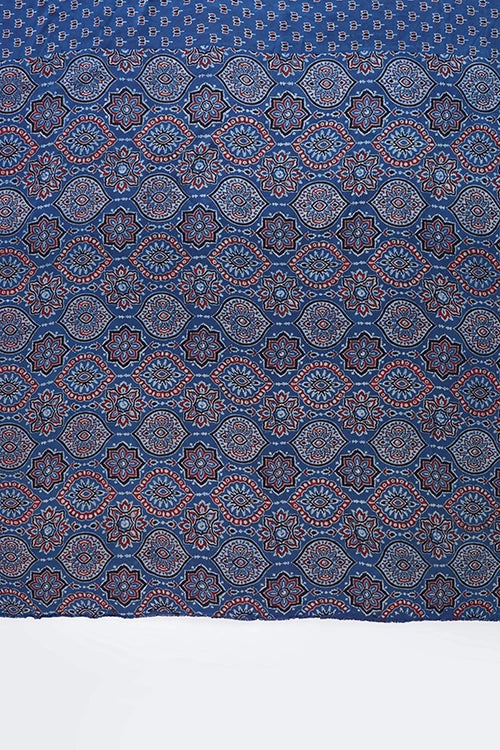 TENAARO Jaal Indigo Ajrakh Hand Block Printed Modal Silk Saree