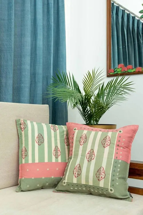 Craftroots Peach & Mint Daisy Artisan Handmade Cushion Covers Set Of 2