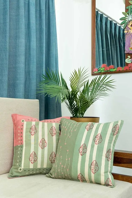 Craftroots Peach & Mint Green Hand-Embroidered Daisy Cushion Cover Set Of 2