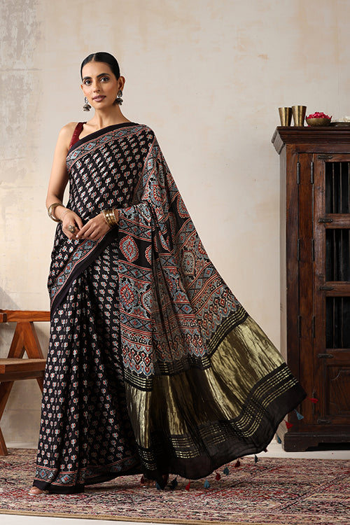 Jahangir Khatri - Black Ajrakh Modal Tissue Pallu Saree