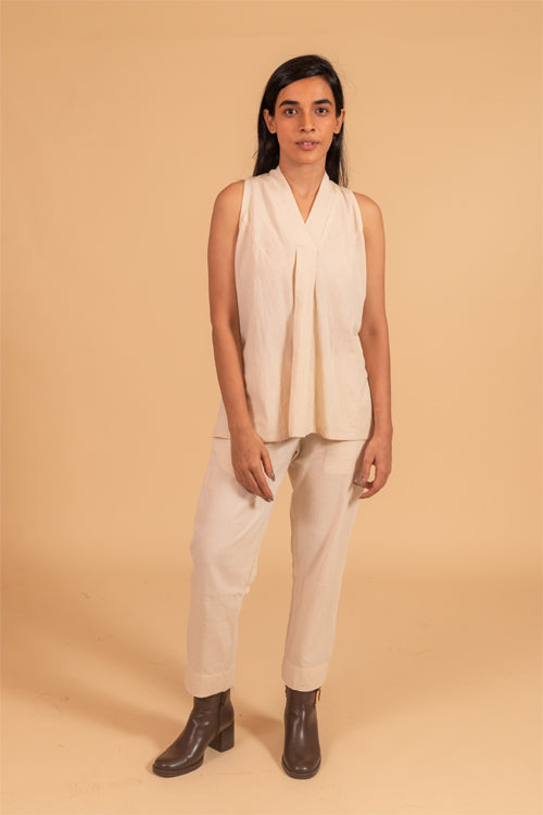 Moralfibre Over Lapping V Neck Incut Sleeve Top From "Shapes Collection " - Ecru