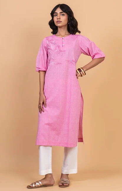 Okhai 'Hibiscus' Hand Embroidered Pure Cotton Kurta