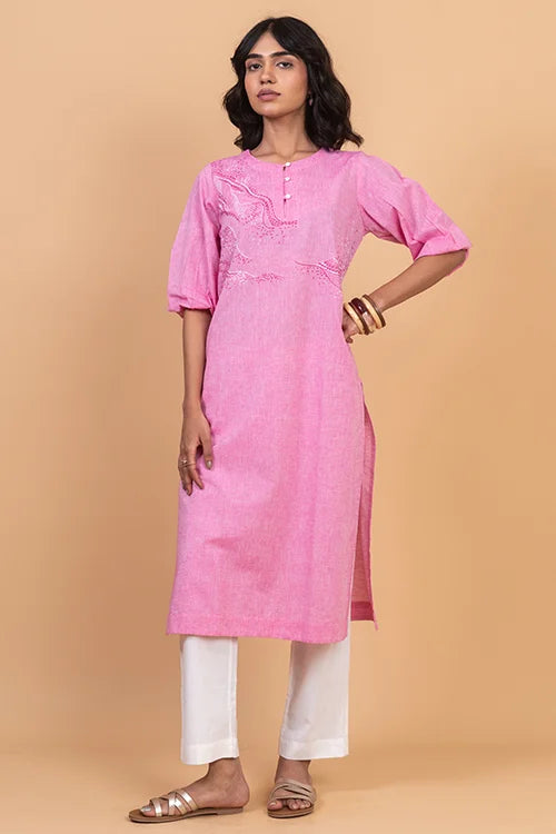 Okhai 'Hibiscus' Hand Embroidered Pure Cotton Kurta