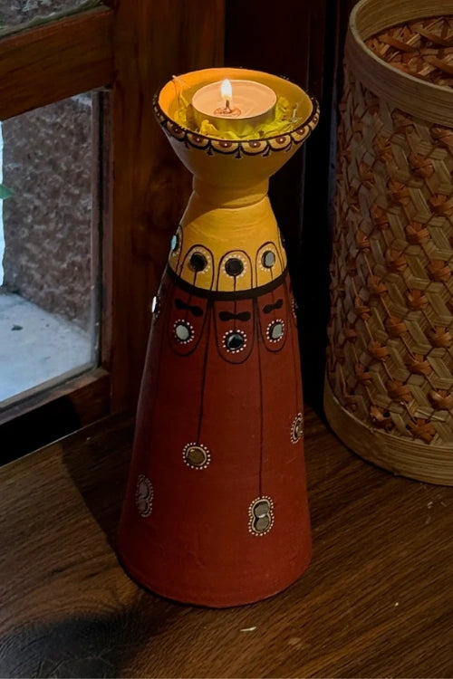 Antarang: Terracotta- Handpainted - Terracotta Long Diya