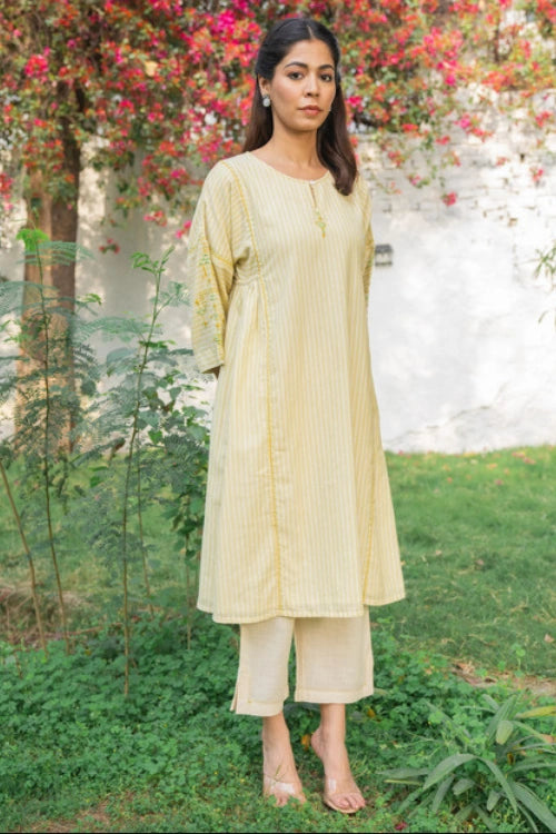 Rangsutra Suhani Cream Striped Cotton Kurta Cum Dress With Soof Hand Embroidery