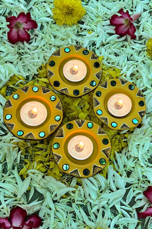 Antarang: Terracotta- Handpainted - Yellow Flower Diya Set Of 6
