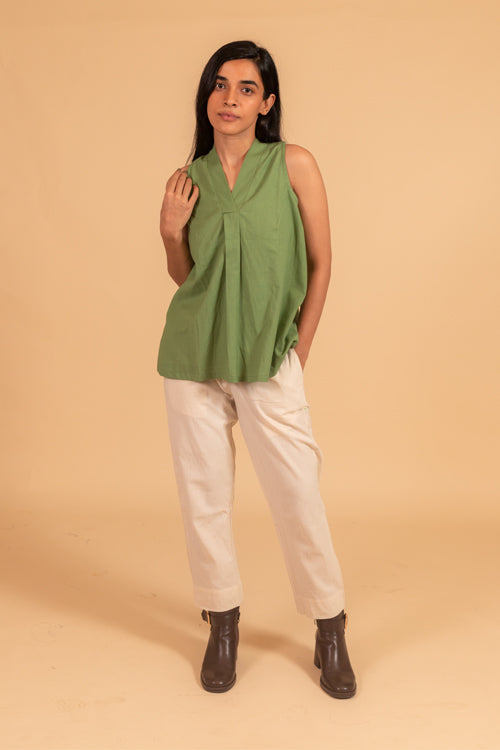 Moralfibre Over Lapping V Neck Incut Sleeve Top From "Shapes Collection " - Moss Green