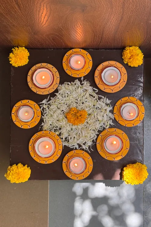 Antarang: Terracotta- Handpainted - Yellow Disc Diya Set Of 8