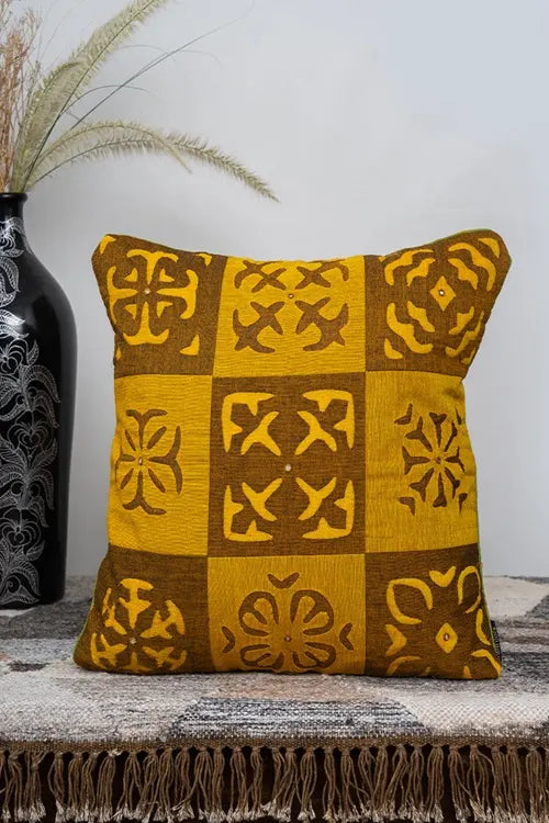 Craftroots Handcrafted Applique Mustard Cushion Cover