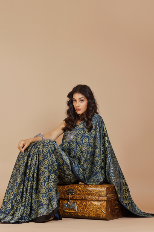 Tenaaro Ajrakh Hand Block Printed   Modal Saree (Nevyblue-2)