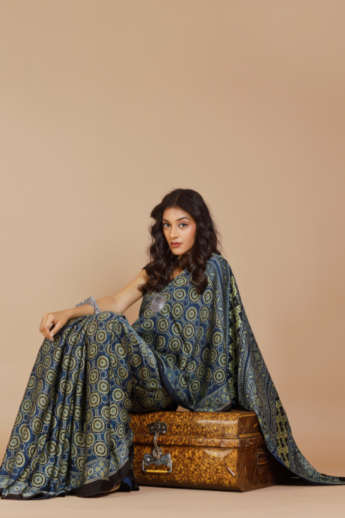 Tenaaro Ajrakh Hand Block Printed Modal Saree (Nevyblue-2)