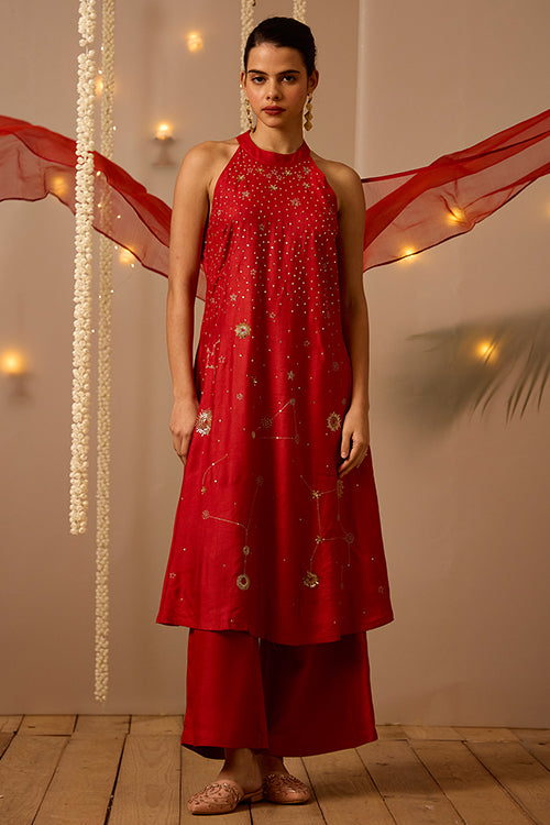 Helios Embroidered Red Kurti Pant Set With Dupatta Online