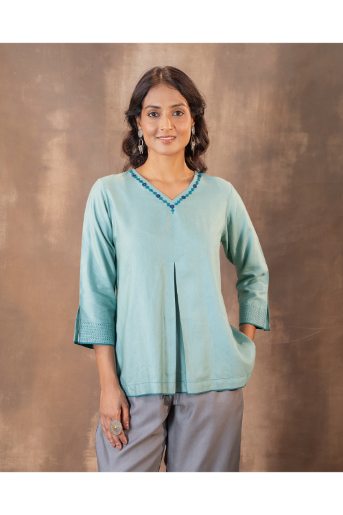 Rangsutra Ruhani Teal Regular Fit Cotton Silk Top With Soof Hand Embroidery