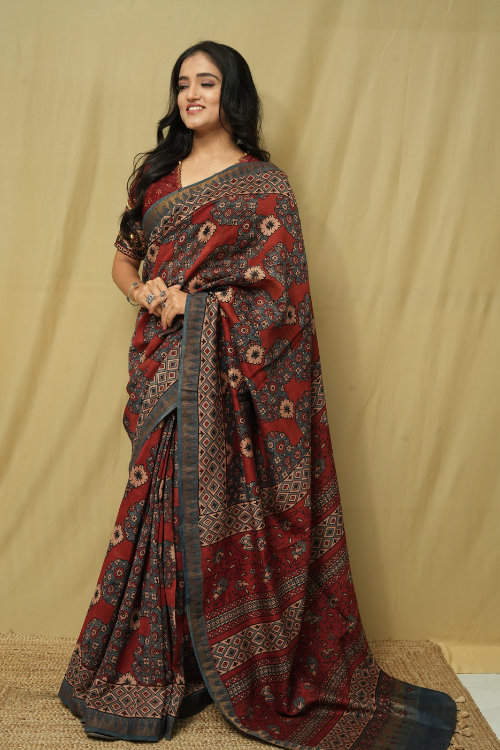 Chaderi Red Ajrakh Print Saree | Jabbar Khatri