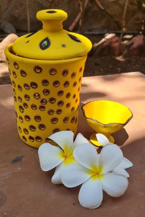 Antarang - Terracotta- Handpainted-Yellow-Jar Diya