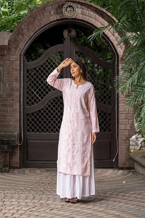 Craftroots Light Pink Chikankari Long Kurta