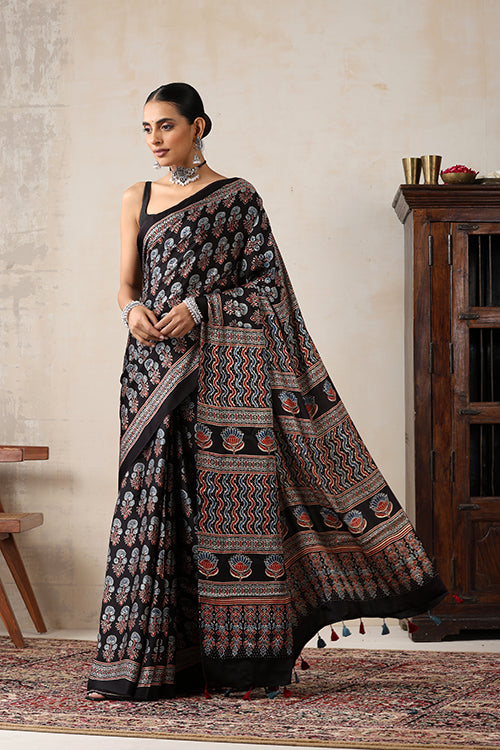 Jahangir Khatri - Black Ajrakh Modal Saree