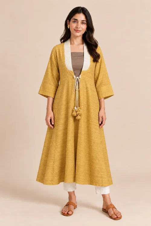 Moralfibre  Yellow Ecru Erisilk Open Overlay With Intricate Zardosi  Butta  At Back  From "Shapes Collection"