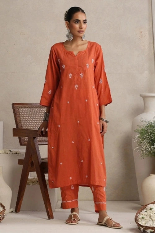 Shwet Hand Embroidered Chikankari Cotton Rust Kurta Pant Set