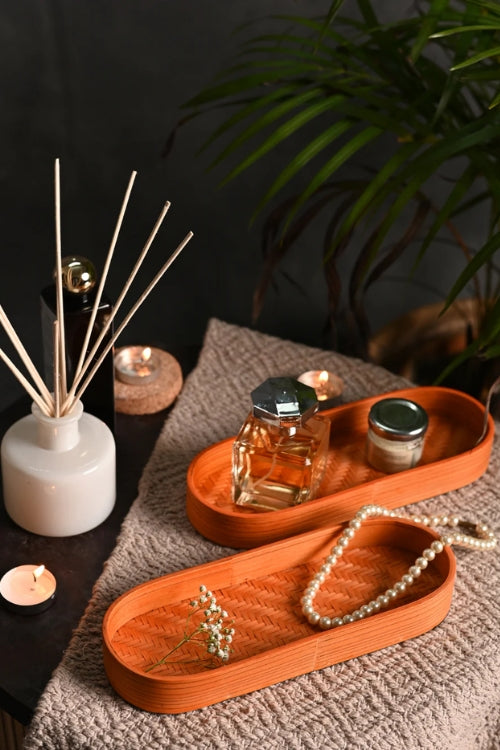 Kadam HaatHandmade Bamboo Bedside Tray - (Set of 2) - Orange