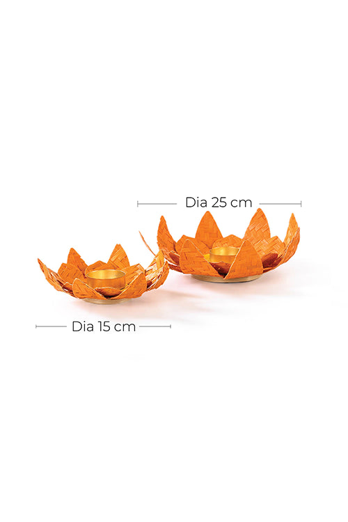 Greenkraft Lotus Handcrafted Bamboo Orange Tealight Holder- Set Of 2