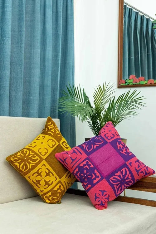 Craftroots Pink & Mustard Applique Patchwork Cushion Cover Set Of 2