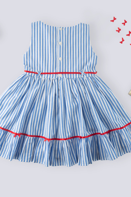 Soleilclo "Coastal Charm" Sleeveless Blue Striped Cotton Dress With Satin Belt And Bows