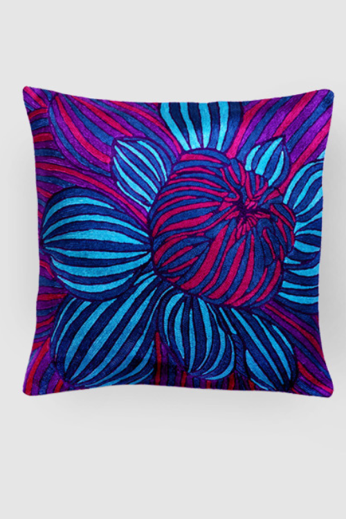 Zaina By Ctok Dahlias Chainstitch Embroidered Cushion Cover - Blue & Red