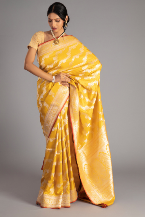 Yellow Handloom Banarasi Pure Katan Silk Kadwa Aara  Saree