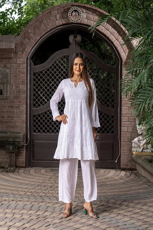 Craftroots Chikankari Knee-Length Flared Kurta