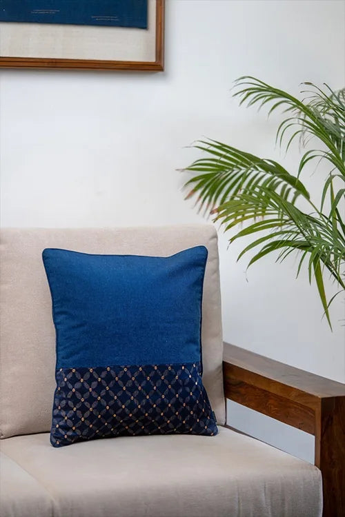 Craftroots Shades Of Blue Cotton Hand-Woven Cushion Cover