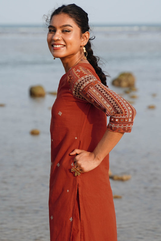 Okhai "Naarang" Hand-Embroidered and Mirror work Pure Cotton V-Neckline Kurta