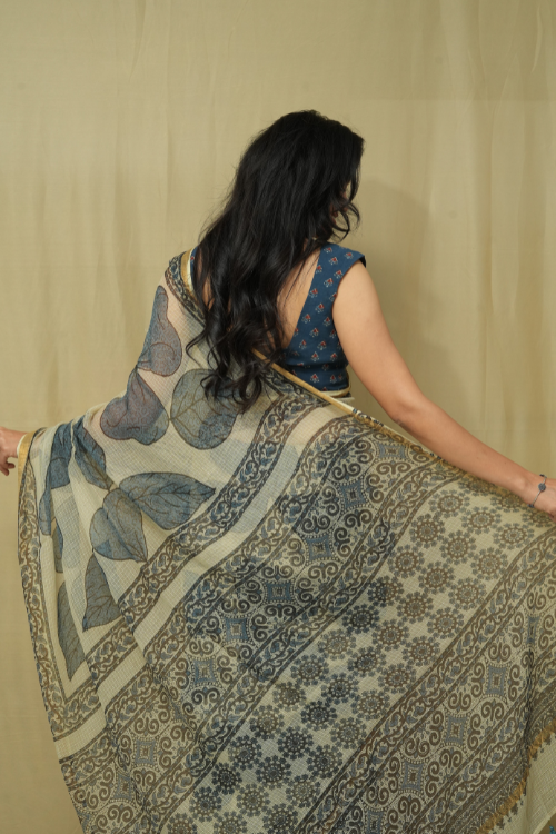 Ajrakh Print White And Blue Kota Saree | Jabbar Khatri