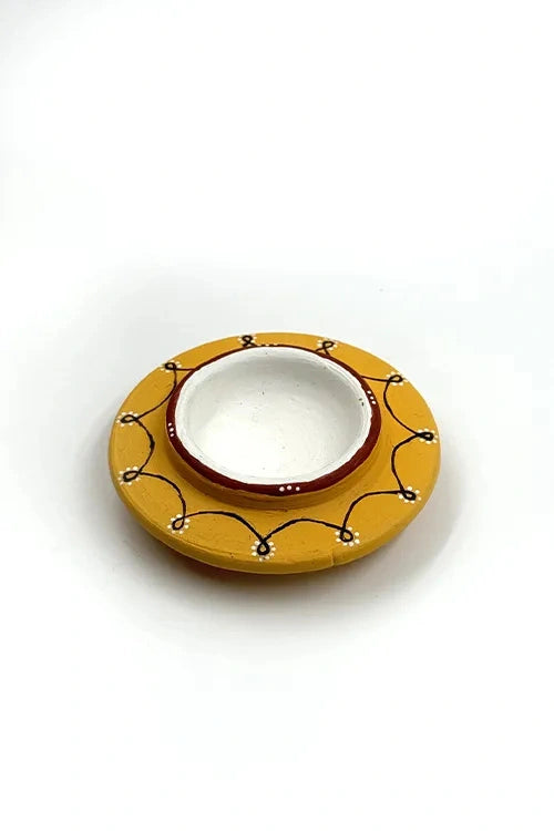 Antarang: Terracotta- Handpainted - Set Of Yellow Disc Diyas & Long Diya