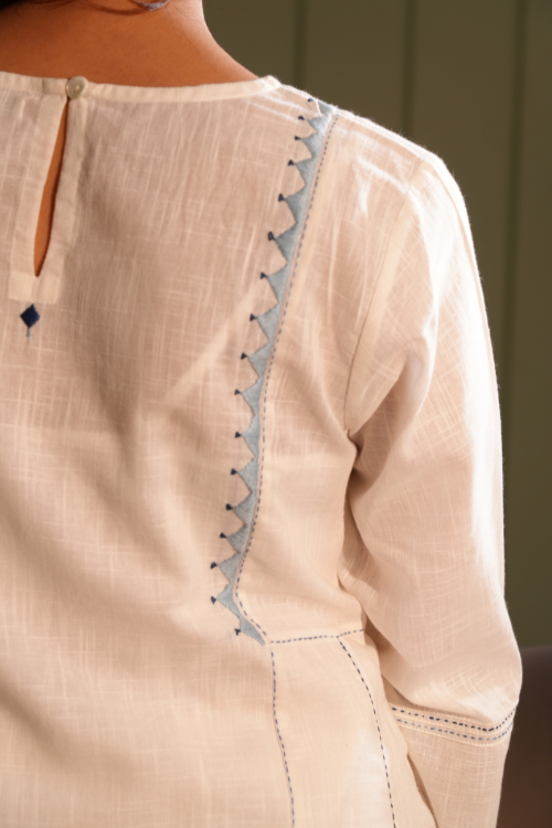 Rangsutra Dhwani White- Blue Flared Cotton Kurta With Soof Hand Embroidery
