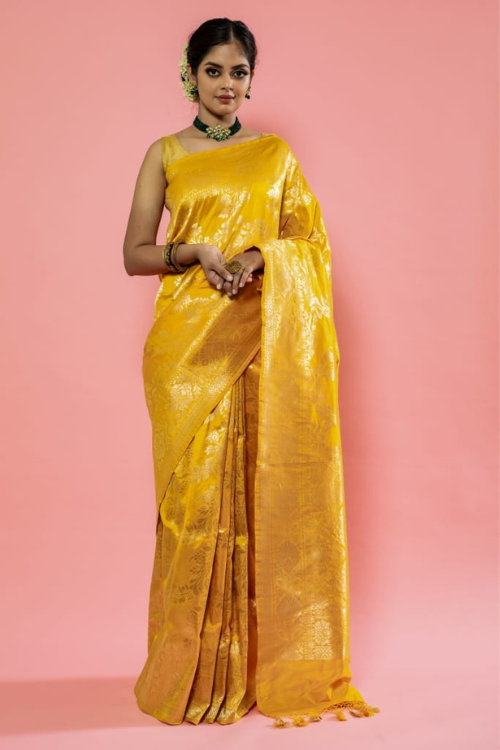 Yellow Handloom Banarasi Pure Katan Silk Cutwork Jaal  Saree