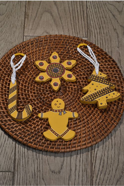 Antarang- Christmas Joy, Handcrafted: Terracotta Ornaments - Yellow (Set Of 4)